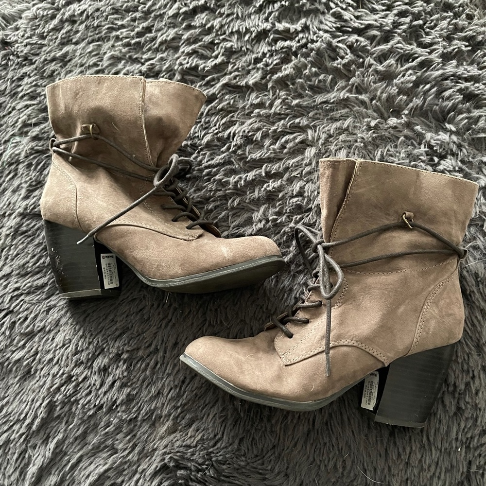 Brown Buckle midi boots with block heel